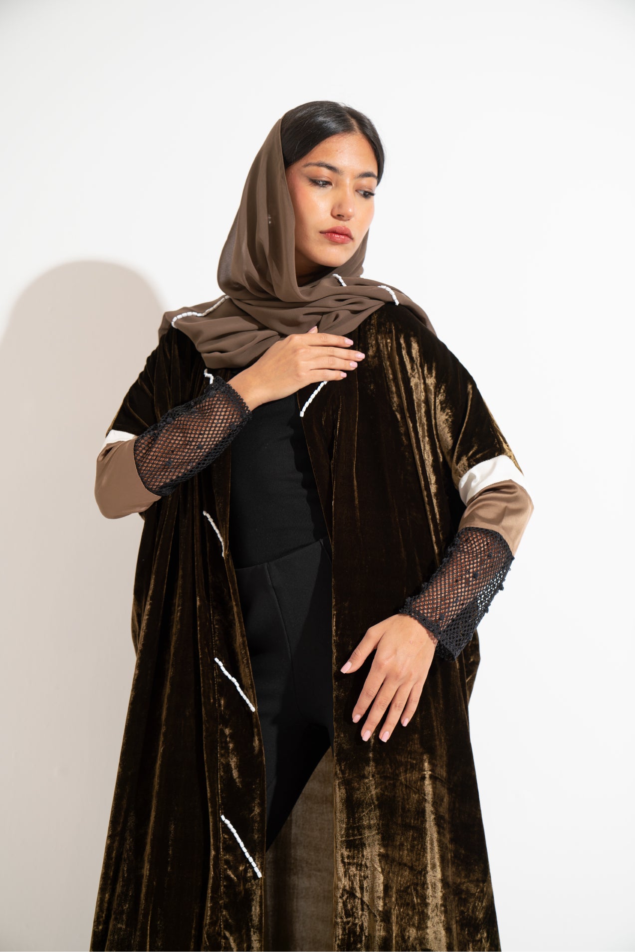 Khaki Velvet Abaya A 10